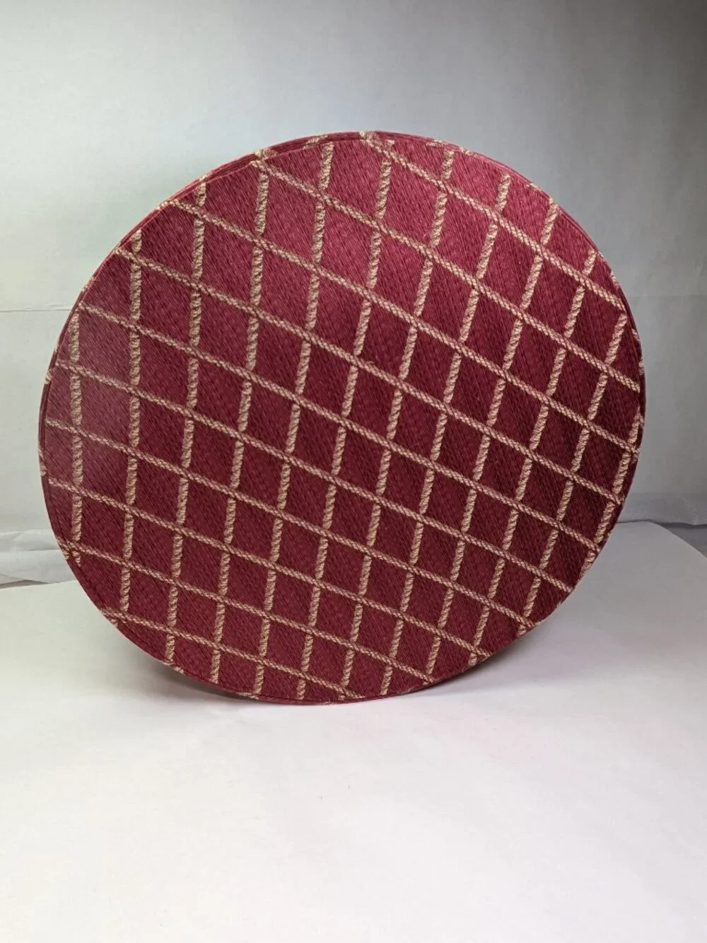 Vintage Red Tan Diamond Trellis Padded Fabric Hat Box Rope Trim Storage 14.5
